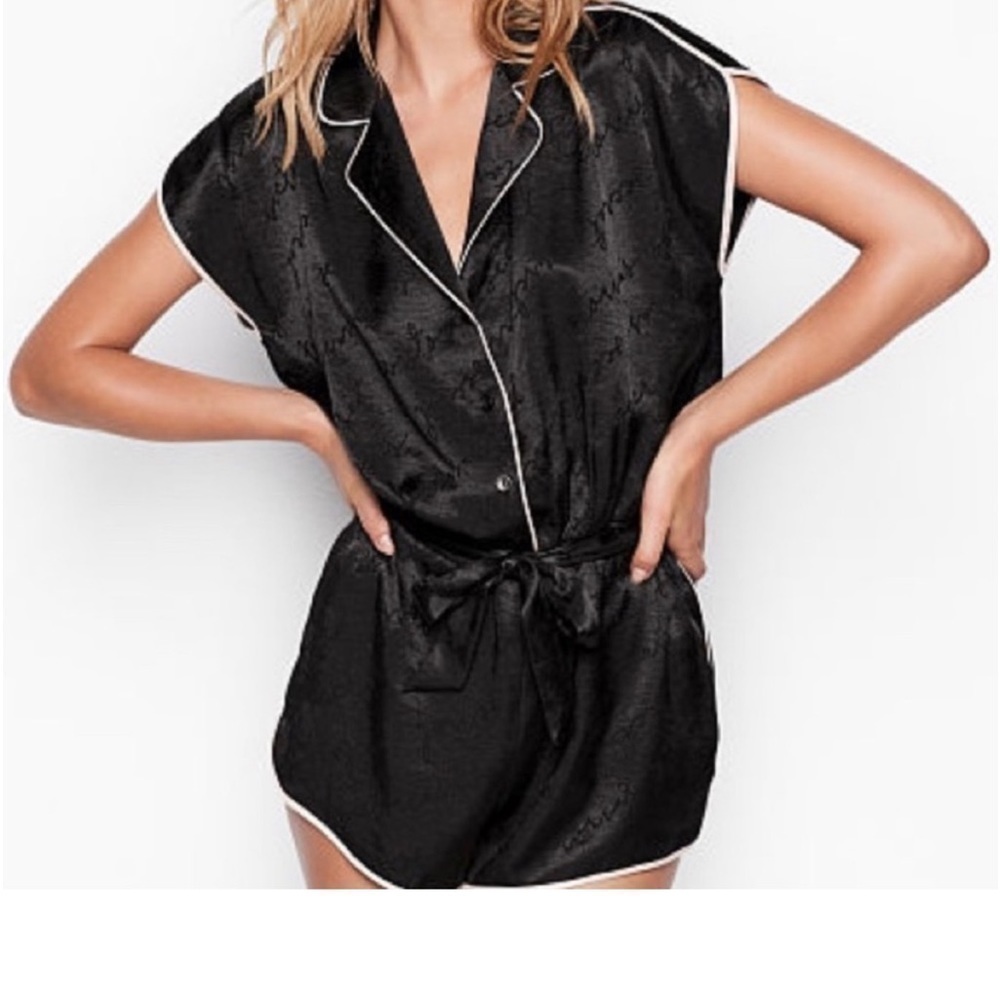 Victoria's Secret Black Satin Short Pajama Romper with White Piping